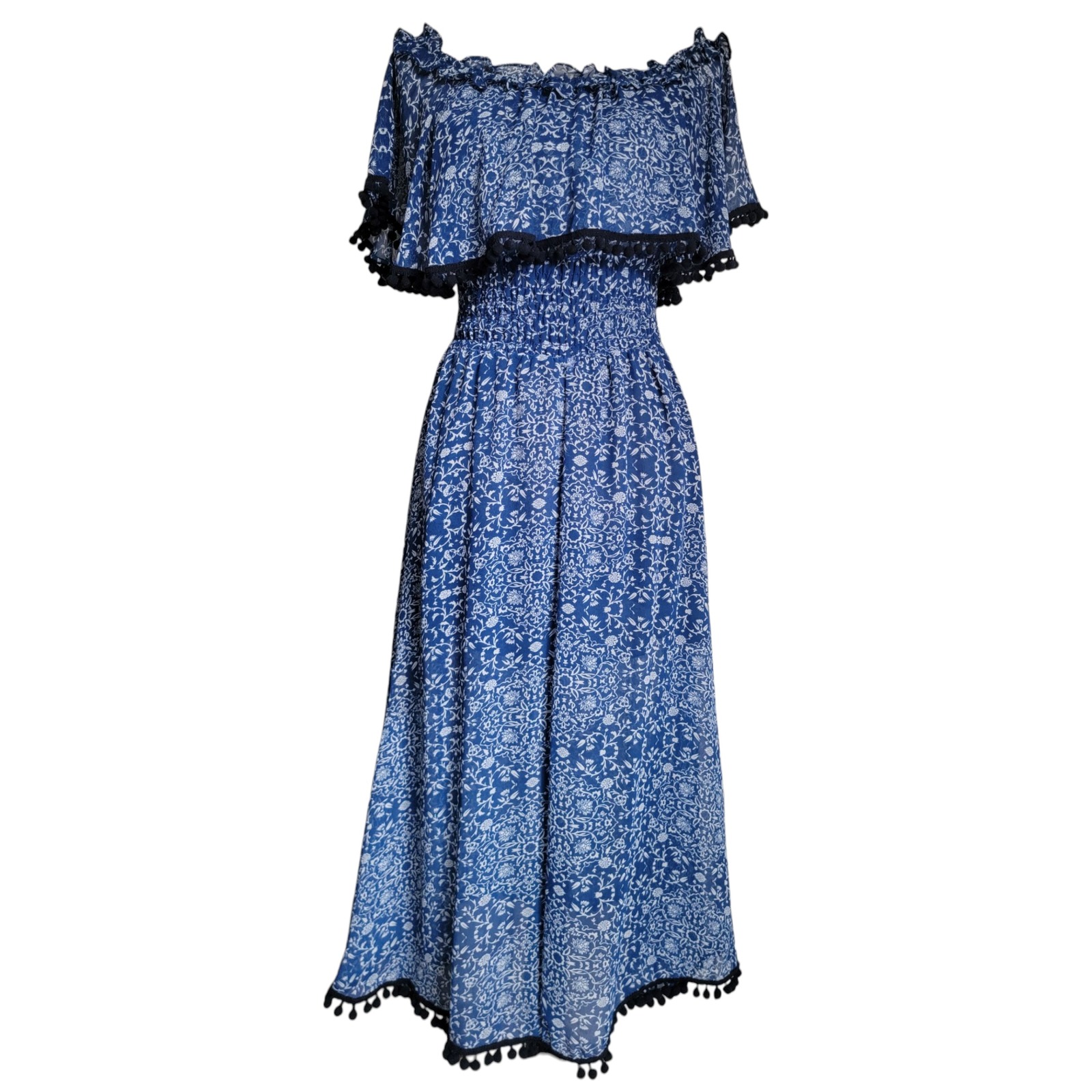 Misa Los Angeles Blue Floral Chiffon Pom Pom Off Shoulder Smocked Maxi Dress